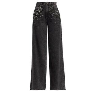 NWT Rag & Bone Sofie High-Rise Ultra Wide-Leg Denim Jeans Size 28 Black Embellis